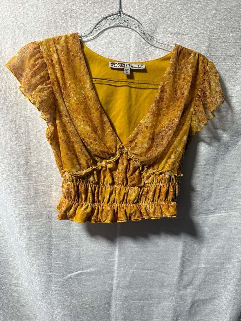Gypsies & Moondust Yellow Floral Mesh Crop Top with Ruffled Sleeves